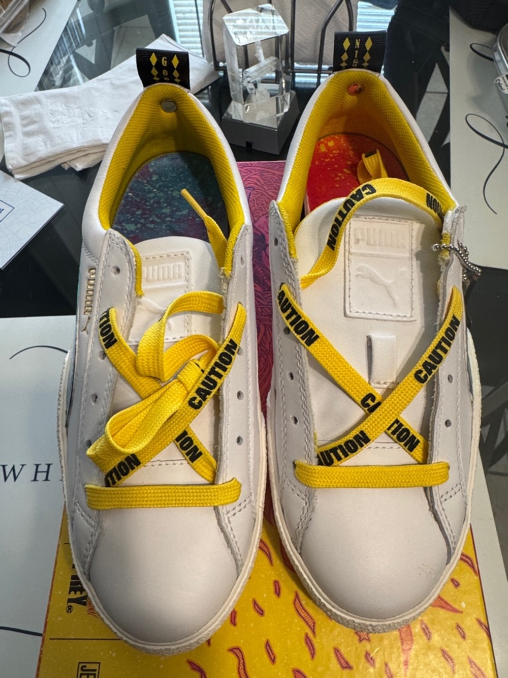 Puma White Sneakers with Yellow Accents and Holographic Formstrip